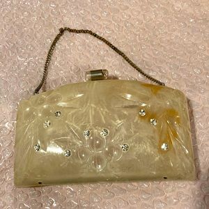 VINTAGE UNIQUE MID CENTURY MOD 50s CLEAR CLUTCH PURSE BAG ACRYLIC RHINESTONES